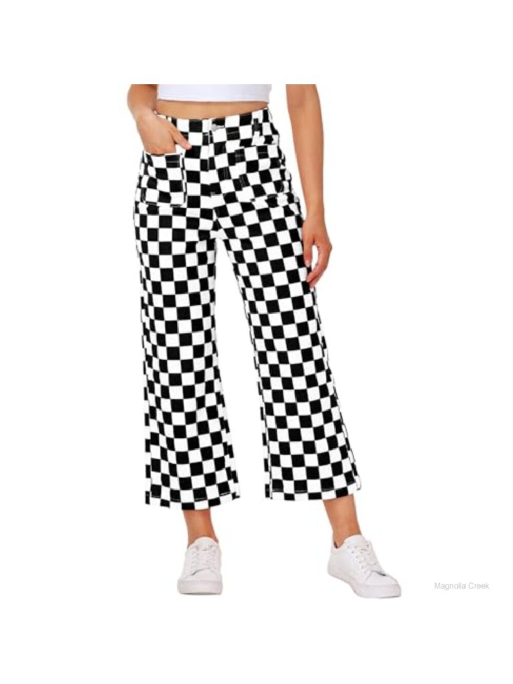 High Waist Checkered Cropped Jeans Straight Leg Stretchy Denim Pants